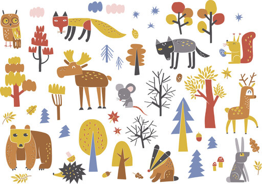 Autumn forest animals and trees shape cutouts style vector clip-art set isolated on white. Bear, hare, fox, owl, moose, wolf, deer, squirrel, badge, hedgehog kid illustration collection. Childish