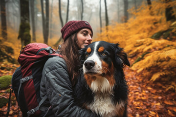 Naklejka na ściany i meble Young woman with her dog bernese shepherd in a autumn forest