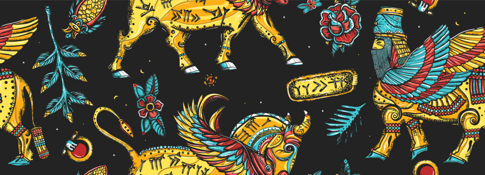 Mesopotamian goddess. Middle East history background. Vintage seamless pattern. Assyrian culture. Gilgamesh legends. Ancient Sumerian Civilization. Old school tattoo style