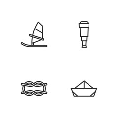 Set line Folded paper boat, Nautical rope knots, Windsurfing and Spyglass telescope lens icon. Vector