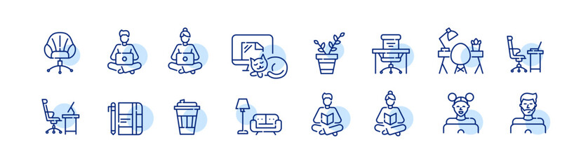 People working from home. Desk and chair, people, laptop and desktop. Pixel perfect, editable stroke line icons set