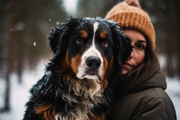 Woman hugging her dog bernese shepherd in a pine forest in winter, close up