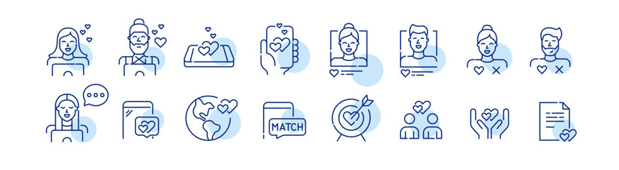 Dating app users chatting looking for match. Romantic relationships, marriage, attraction. Pixel perfect, editable stroke icons set