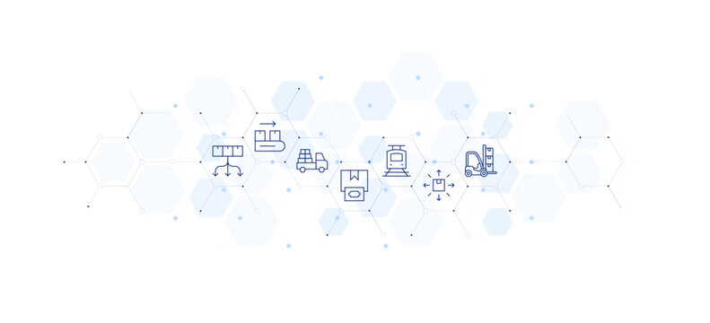 Logistics banner vector illustration. Hexagon icon illustration. Containing conveyor belt, distribution, pickup truck, cash on delivery, train, machinery.
