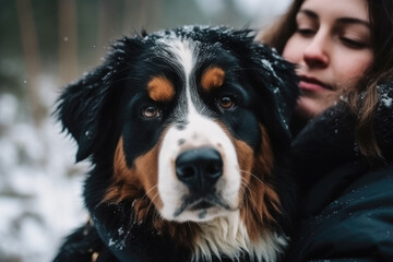Woman hugging her dog bernese shepherd in a pine forest in winter, close up