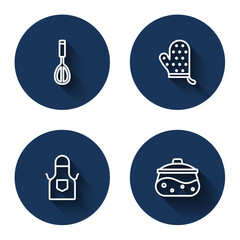 Set line Kitchen whisk, Oven glove, apron and Cooking pot with long shadow. Blue circle button. Vector