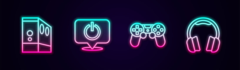 Set line Case of computer, Power button, Game controller or joystick and Headphones. Glowing neon icon. Vector
