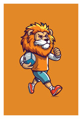 logo for sports shop with lion mascot carrying ball.