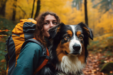 Young woman with her dog bernese shepherd in a autumn forest