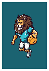logo for sports shop with lion mascot carrying ball.