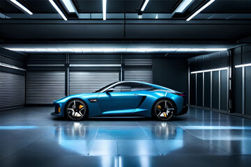 Fototapeta premium Exterior design of a futuristic garage with a sci-fi vibe and futuristic electric car featuring metallic walls, neon lighting, and cutting-edge technology to showcase modern sports car | Generative AI