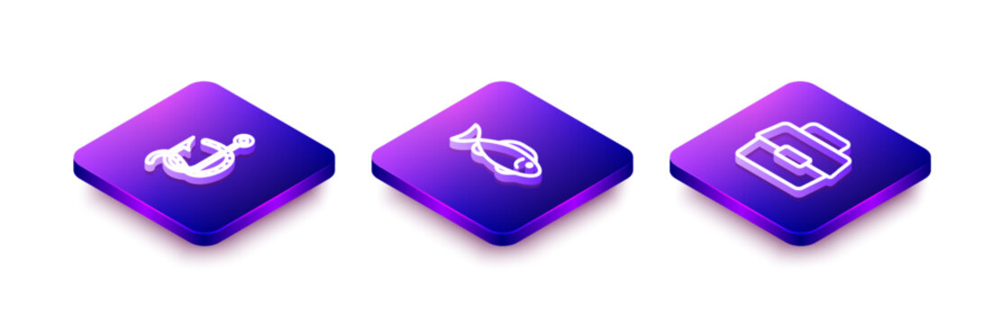 Set Isometric line Fishing hook and worm, and Case box for fishing icon. Vector