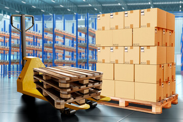 Pallet jack. Cardboard boxes in stock. Storage equipment. Pallet jack in industrial building. Warehouse hangar interior. Pallet jack for unloading parcels. Logistics, distribution. 3d image