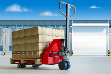 Pallet jack with parcels. Red hydraulic jack. Boxes near warehouse building. Pallet trolley. Pallet jack under blue sky. Equipment for industrial enterprise. Fulfillment process. 3d image