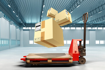 Courier boxes. Pallet jack. Flying parcels in warehouse. Fulfillment business. Spacious hangar with...