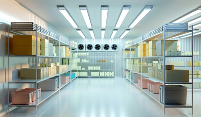 Freezing equipment in factory. Refrigerated container. Industrial freezing warehouse. Industrial freezer with conditioners on wall. Room with boxes on shelves. Storage for frozen products. 3d image