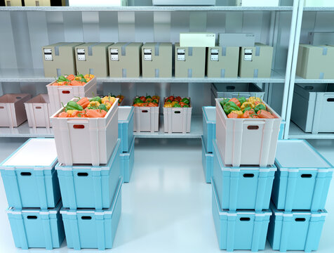 Sweet peppers in stock. Food storage. Supermarket warehouse interior. Shelving with plastic and paper boxes. Grocery store storage system. Warehouse with peppers for sale in supermarket. 3d image