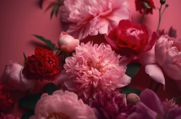 Blooming Harmony: Rubens-Inspired Colorful Compositions of Pink Flowers on a Pastel Pink Background, Infused with Crimson and Beige, Evoking the Timeless Beauty of Floral Still-Life