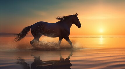 Horse silhouette running along coast sunset background, beautiful horse grace of horsepower on seashore beach, powerfully broodmare horse running along sea beach, generative AI