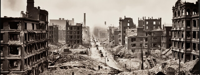 Apocalyptic view of destroyed world, post apocalypse after world war, Generative AI.