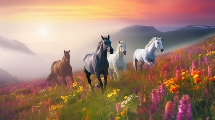 Herd of horses runs among mountains flowers fields sunlight background, group of horses among blooming meadow on hills, broodmare wild horses runs on beautiful sunny hills, generative AI - obrazy, fototapety, plakaty