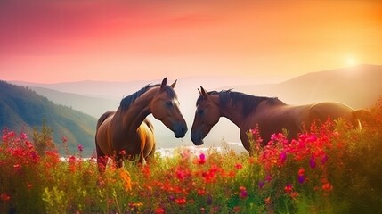 Horses couple lovers graze on mountains flowers field sunlight background, loving horse couple kissing on among blooming meadow, love of two beautiful wild animals in hills, generative AI