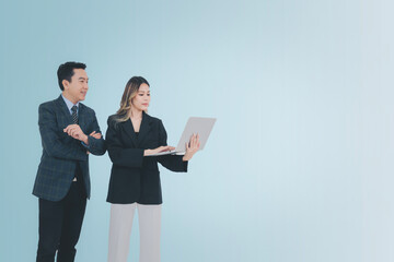 Business people or colleague concept, Businessman and businesswoman using computer laptop or digital tablet working together isolate from background