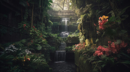 Bali waterfalls, botanical maximalism, covered in lush, atmospheric mood.. Generative AI