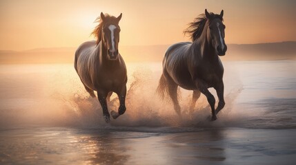 Two horses running along coast sunset background, beautiful horses grace of horsepower on seashore beach, powerfully broodmare horses running along sea beach, generative AI - obrazy, fototapety, plakaty