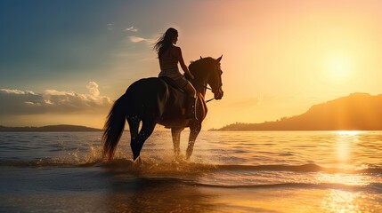 Silhouette of woman riding on horse running along coast sunset background, beautiful female silhouette on horseback on seashore beach, powerfully broodmare horse running along sea beach, generative AI - obrazy, fototapety, plakaty