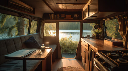 Fototapeta premium A cozy interior shot of a converted camper van parked by a peaceful lake. Generative AI