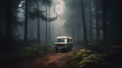 Obraz na płótnie Canvas camper van parked in a misty forest. Generative AI
