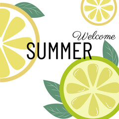 Summer greeting vector banner design. Summer greeting text with tropical fruits like lemon and lime. Vector illustration.