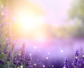 Fototapeta na wymiar A field of lavender with a blurred background. Lavender flowers at sunlight in a soft focus, pastel colors and blur background. Generative AI