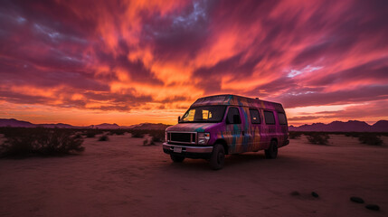 Fototapeta na wymiar A van parked in front of a colourful sunset in a desert landscape at vibrant pink sunset.. Generative AI