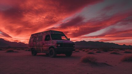 Obraz na płótnie Canvas A van parked in front of a colourful sunset in a desert landscape at vibrant pink sunset.. Generative AI
