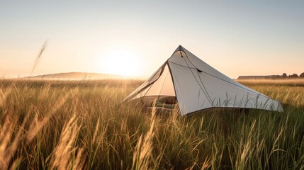 Camping tent in the meadow at sunset.. Generative AI