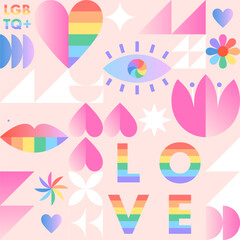 Pride month pattern template.LGBTQ+ community vector illustration in bauhaus style with geometric elements and rainbow lgbt symbols.Human rights movement concept.Gay parade.Colorful cover design.