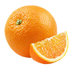 Ripe whole orange citrus fruit with slice isolated on transparent background. Full depth of field.