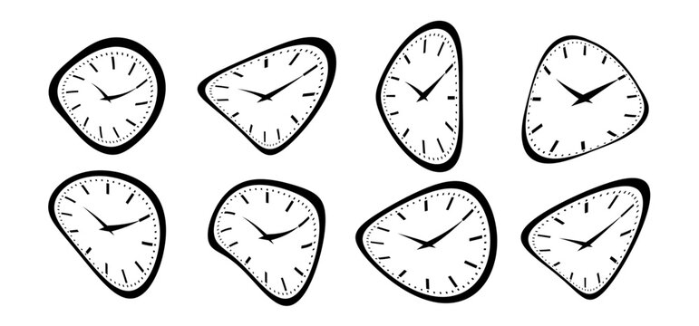 Cartoon Salvador Dal (S. Dali), clocks style. Time on clock. Alarm clock. Men's or women's watche. Vector pulse clock, wristwatch timer. Stopwatch. Classic, analog hourglass icon.