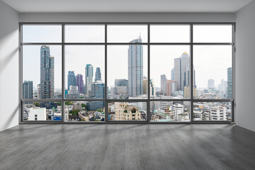Fototapeta na wymiar Empty room Interior Skyscrapers View Bangkok. Downtown City Skyline Buildings from High Rise Window. Beautiful Expensive Real Estate overlooking. Day time. 3d rendering.