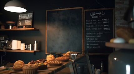 Coffee shop interior with blackboard, coffee machine and cakes. Generative AI