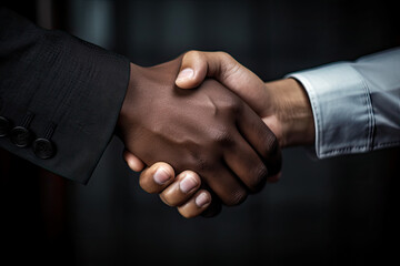 Obraz premium Closeup of handshake of multiethnic business partners, high quality generative AI