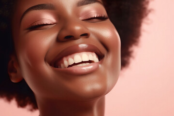 Closeup of a beautiful happy African woman in studio. Toothy smile and dental health concept. Generative AI.