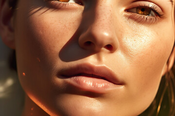 Closeup of a beautiful woman in bright sun. Generative AI. - 602290357