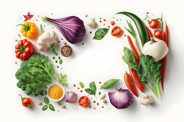 Fresh variety vegetables spices and herbs, blank Place for text on white background