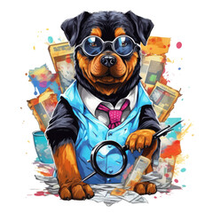 A playful Lawyer Rottweiler Dog t-shirt design, featuring a Rottweiler wearing a bow tie and holding a magnifying glass, standing in front of a background, Generative Ai