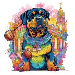 A psychedelic Lawyer Rottweiler Dog t-shirt design, featuring a Rottweiler with kaleidoscopic fur, holding a gavel and standing in front of a rainbow-colored courthouse, Generative Ai