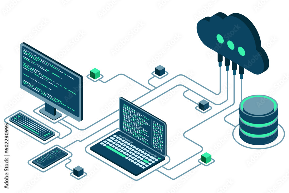 Fototapete Cloud technology computing concept. Modern cloud technology. Data center isometric concept. Isometric cloud technology with datacenter. Web hosting concept. Vector illustration