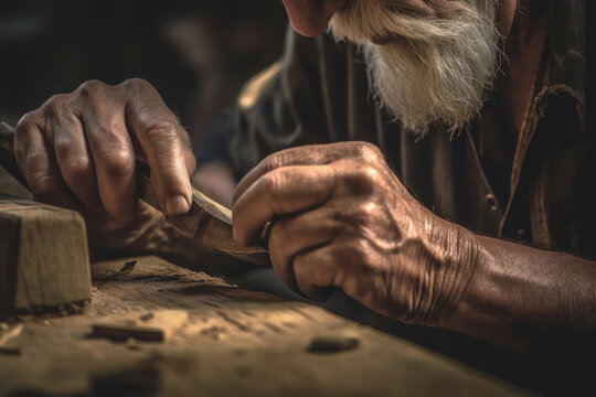 Carpenter working on wood. Old man hands closeup. Generative AI